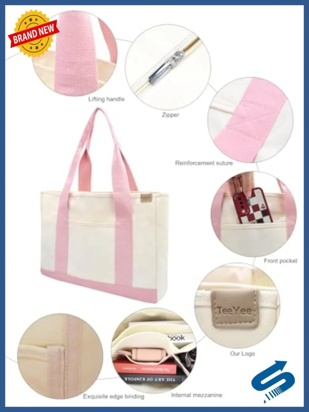 16oz Canvas Tote Bag Large Capacity Multi Pockets Laptop Compartment Shoulder